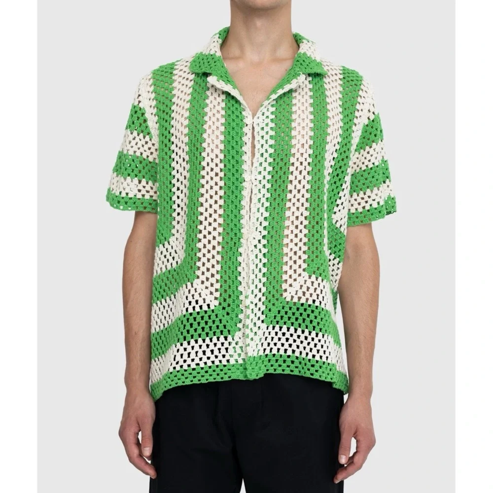 Bode Crochet Shirt (Sz S/M) Flagship Short Sleeve Button Up Striped Green Cream